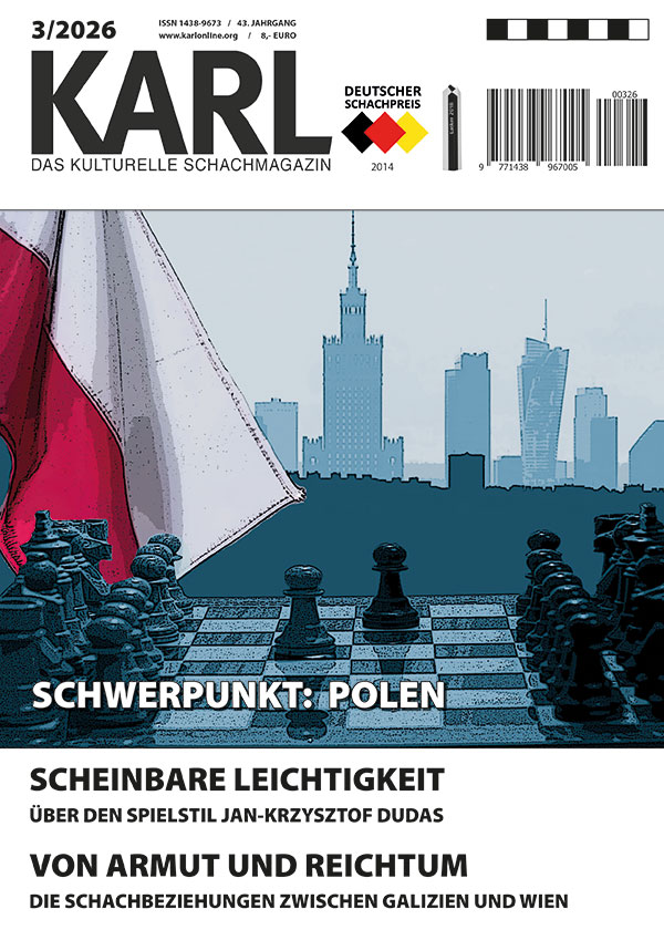 Cover von Karl 3/2026 – Schwerpunkt: Polen. Illustration eines Schachbretts mit Figuren im Vordergrund, links die polnische Flagge, im Hintergrund die Skyline von Warschau; kulturelles Schachmagazin