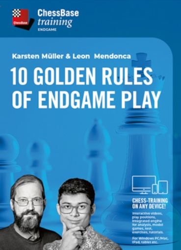 Produktcover '10 Golden Rules of Endgame Play' (ChessBase Training): blaues Design mit vergrößerten Schachfiguren im Hintergrund, Autorenfotos unten und Hinweis auf plattformübergreifendes Schach-Training