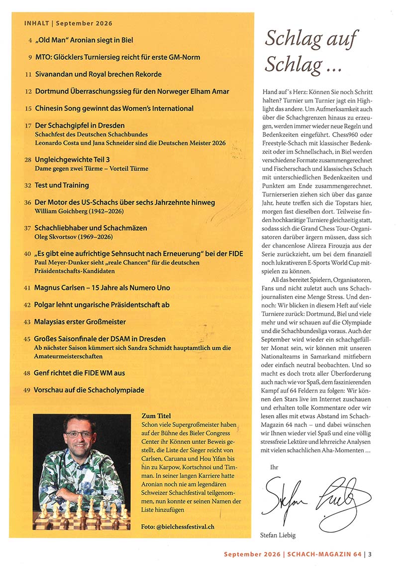 Schach Magazin 64 - September 2026 Seite aus Schach-Magazin (September 2026, Ausgabe 64): linke gelbe Spalte mit nummerierten Artikeltiteln und Themen, rechte Spalte mit Editorial-Text und einem kleinen Foto eines Mannes vor einem Schachbrett