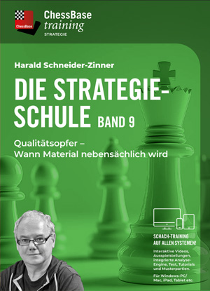 Cover des ChessBase Training Buch/DVD-Pakets »Die Strategieschule Band 9« von Harald Schneider‑Zinner; grüner Hintergrund mit großem Schachkönig und Figuren, Autorenfoto unten links, Hinweis auf Schach-Training und Lernmaterialien