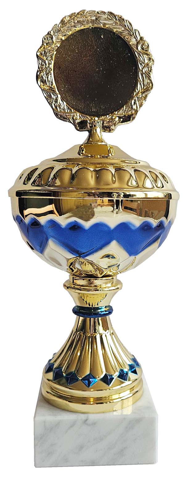 Pokal 1289 Gold-Blau - Einzelpokal Goldener Pokal mit blau-weißer Verzierung auf Marmorsockel