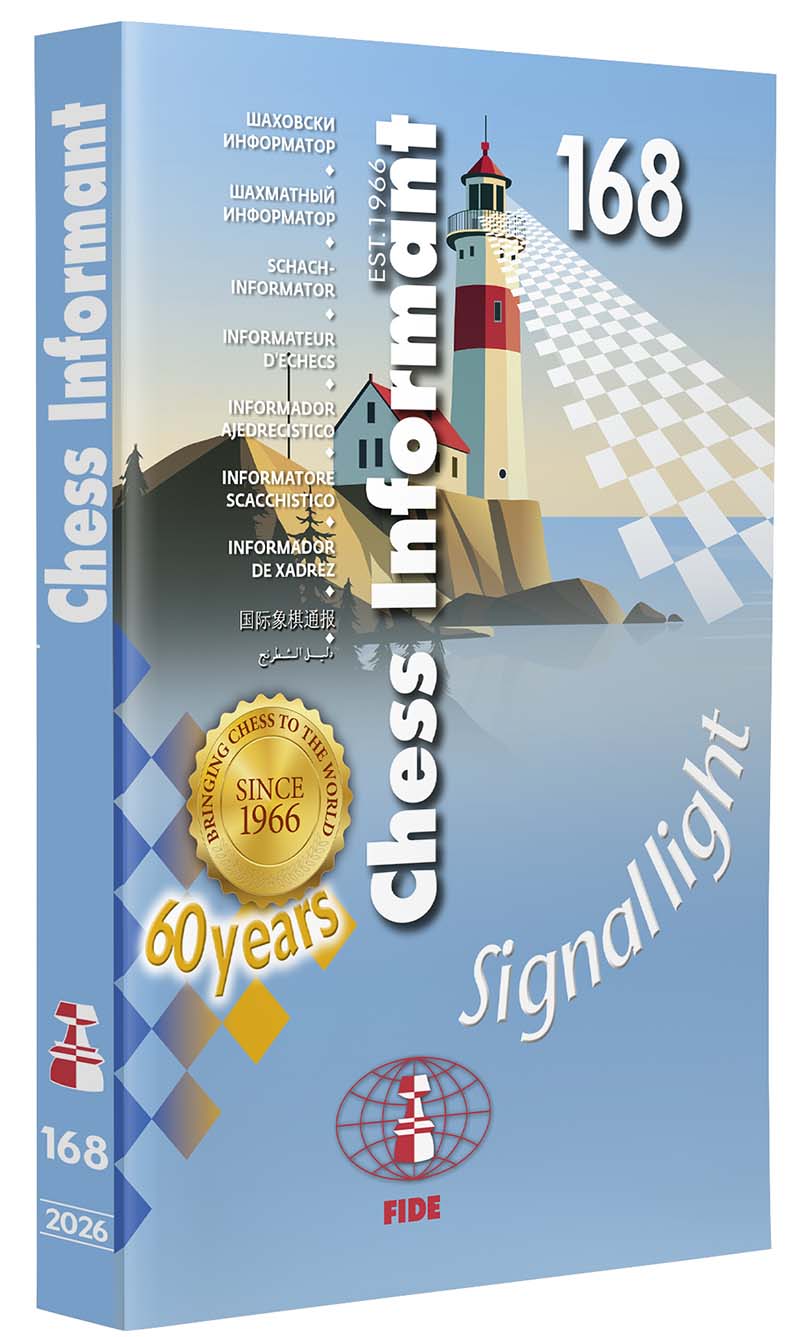 Cover des Buchs "Informator 168" – Juli 2026 (Hersteller: Chess Informant): Illustration eines Leuchtturms an der Küste mit schachbrettartiger Perspektive, 60‑Years‑Siegel, FIDE-Logo und Titelgestaltung