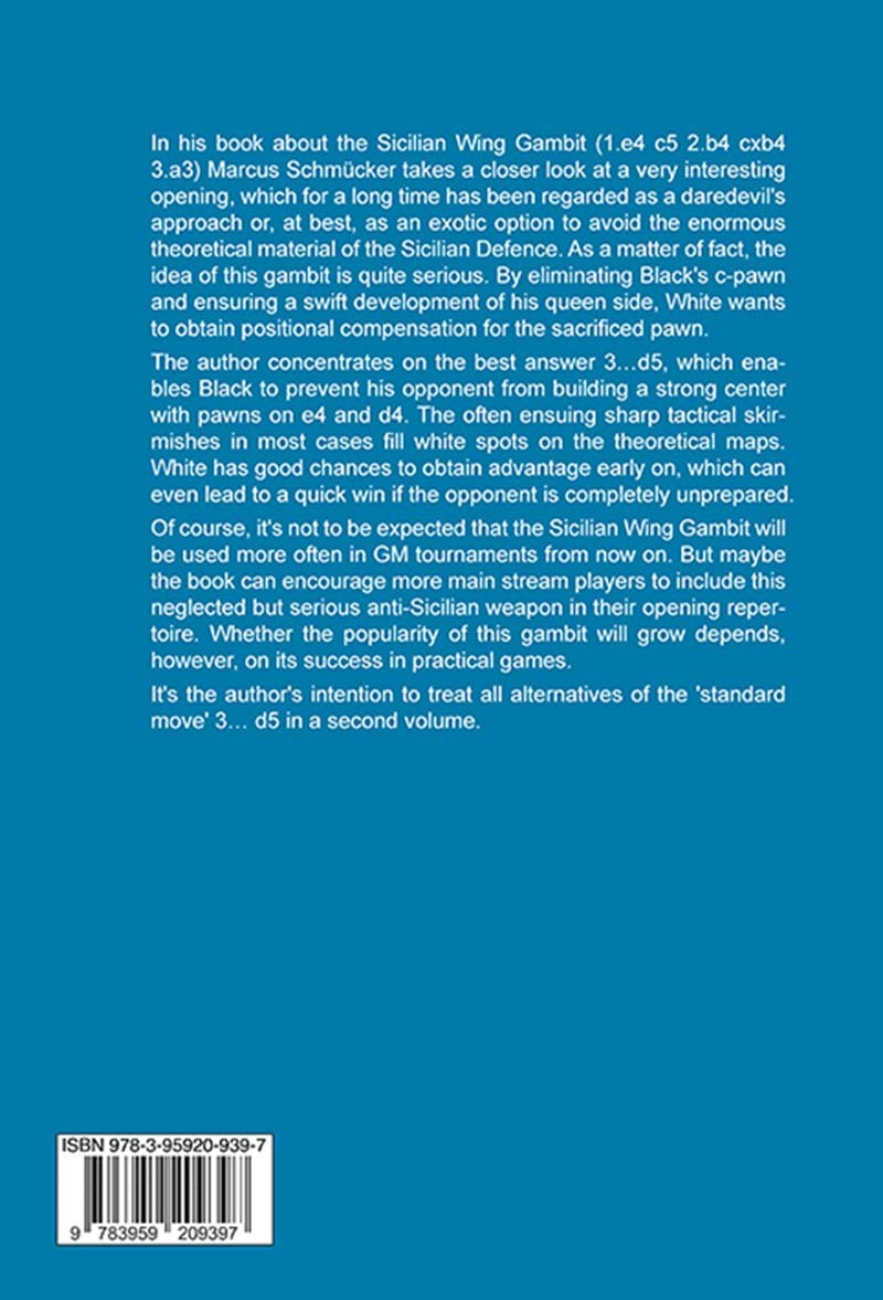 Schmücker: The Sicilian Wing Gambit Blaue Buchrückseite mit Beschreibungstext und ISBN-Code
