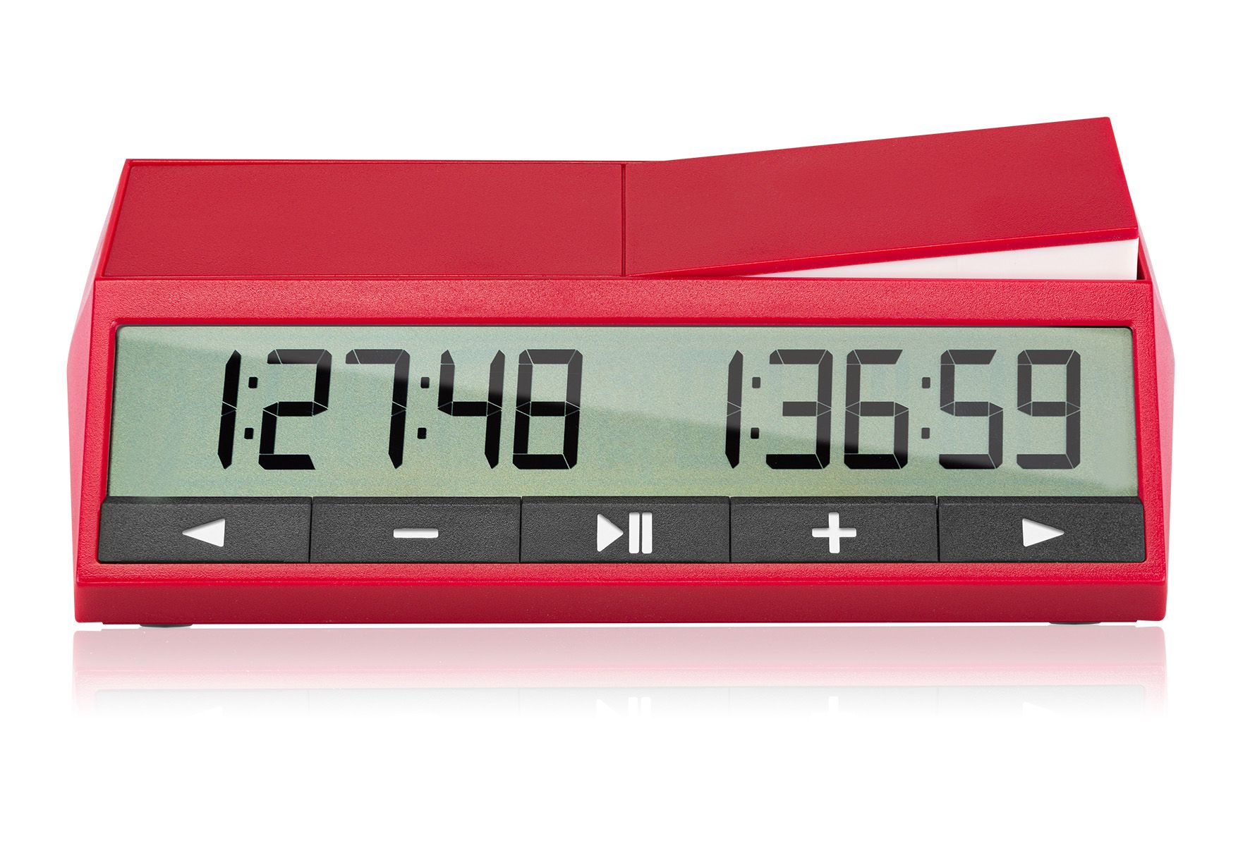 Schachset Bamberg mit DGT2500 Rote digitale Schachuhr mit zwei großen LCD-Zeitanzeigen, seitlicher Klappe und schwarzen Start/Pause, Plus/Minus und Navigations-Tasten vorne