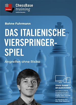 Cover des ChessBase Training: Titel ‚Das Italienische Vierspringer-Spiel – Angreifen ohne Risiko‘, Autor Bahne Fuhrmann, Porträtfoto unten links, große Schachfiguren im blau gehaltenen Hintergrund