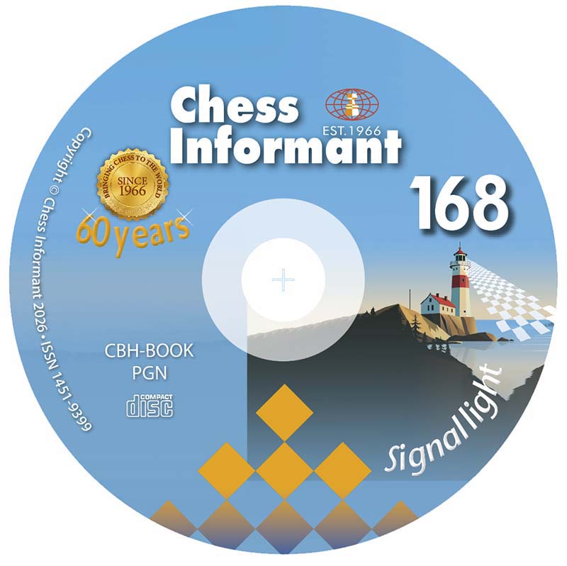 CD-Aufdruck von Chess Informant Ausgabe 168: blaues Label mit Leuchtturm an der Küste, stilisierten gelben Schachbrett-Diamanten, Gold-Emblem "60 years", Schriftzug "Chess Informant" sowie Hinweis "CBH-BOOK PGN" und Compact Disc-Symbol