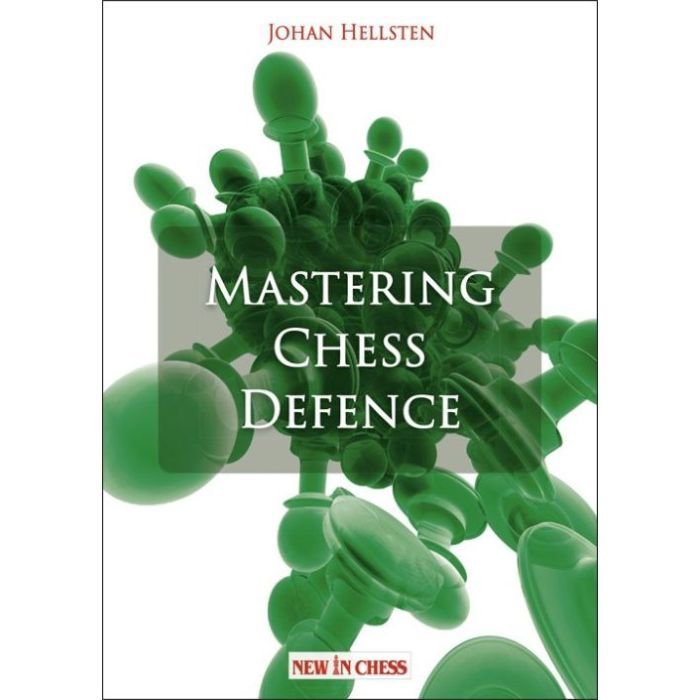Hellsten: Mastering Chess Defence Buchcover 'Mastering Chess Defence' von Johan Hellsten: grünes, abstraktes Design mit schwebenden Schachfiguren und Verlagslogo 'New In Chess'