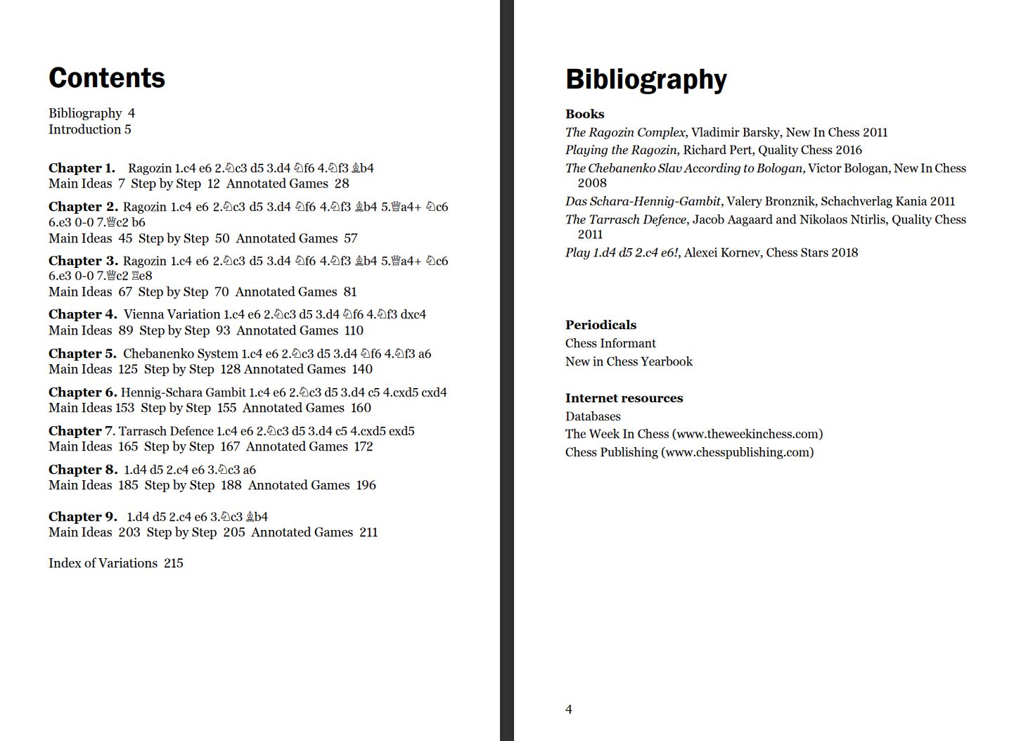Inhaltsverzeichnis und Bibliografie eines Schachbuchs