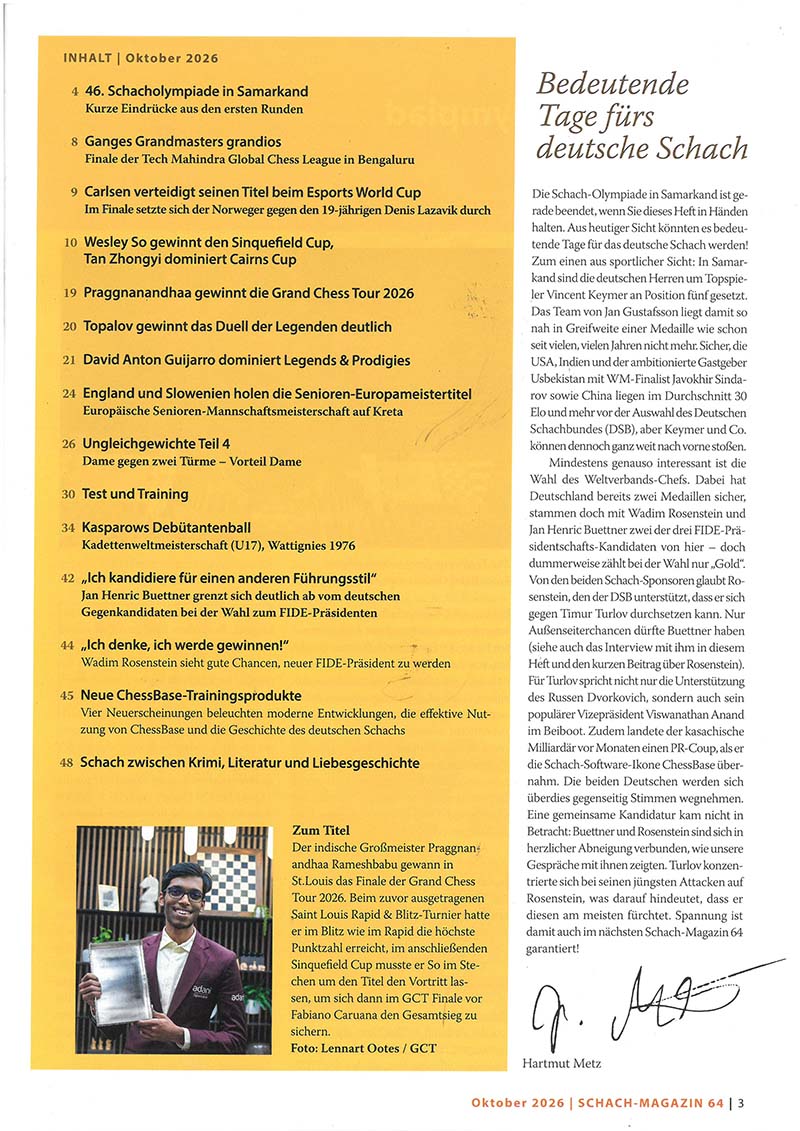 Foto des Inhaltsverzeichnisses von Schach Magazin 64, Oktober 2026 – gelb hinterlegte Seite mit Kapiteln zu Turnierberichten, Analysen und Training; ca. 52 Seiten Broschüre; Produkt: Schach Magazin 64 - Oktober 2026, Herausgeber Carl Ed. Schünemann KG