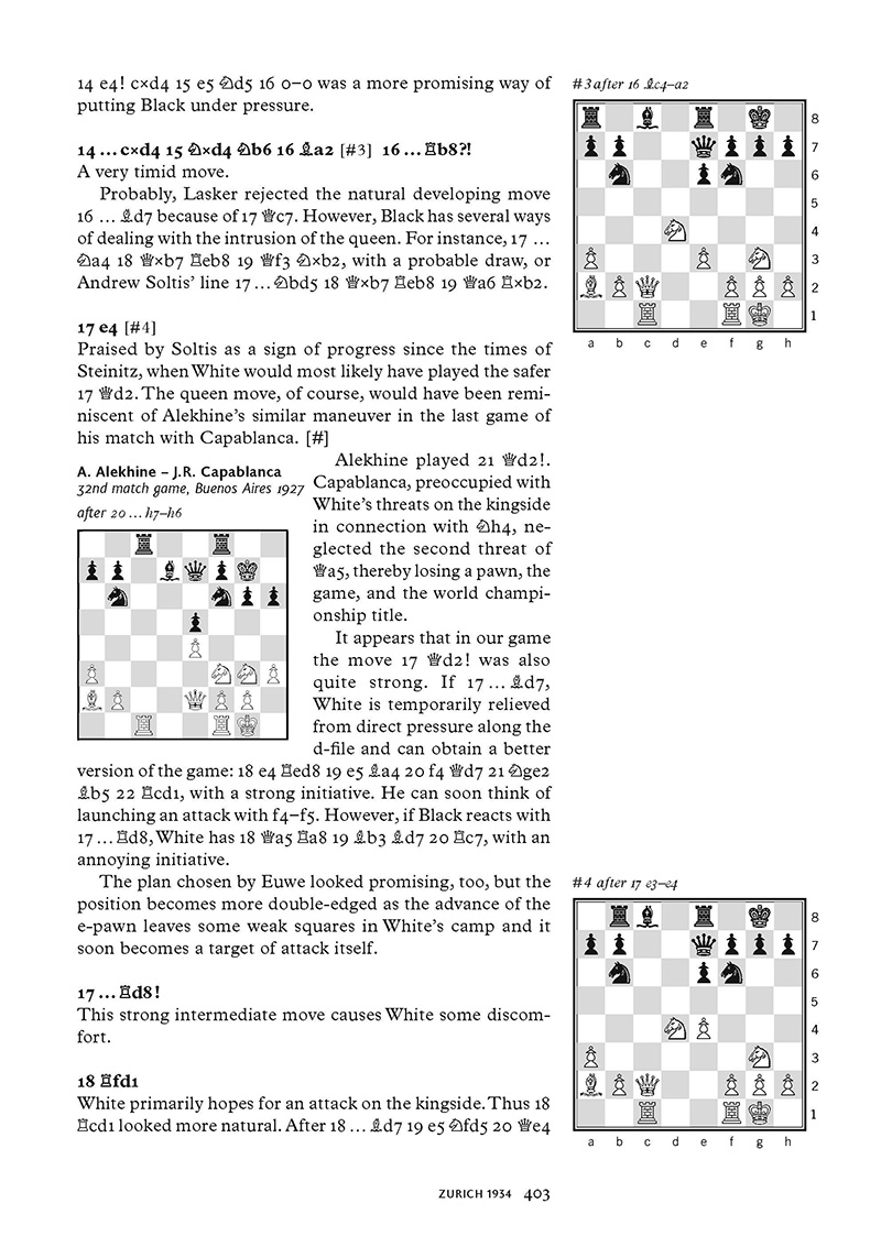 Forster_Lasker_403 Buchseite mit Schachnotation und Diagrammen (Zürich 1934)