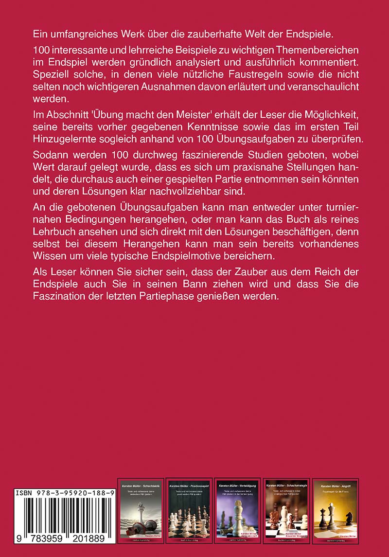 Müller & Konikowski: Karsten Müller - Endspielzauber Rote Buchrückseite mit Klappentext, Barcode und Mini-Covern
