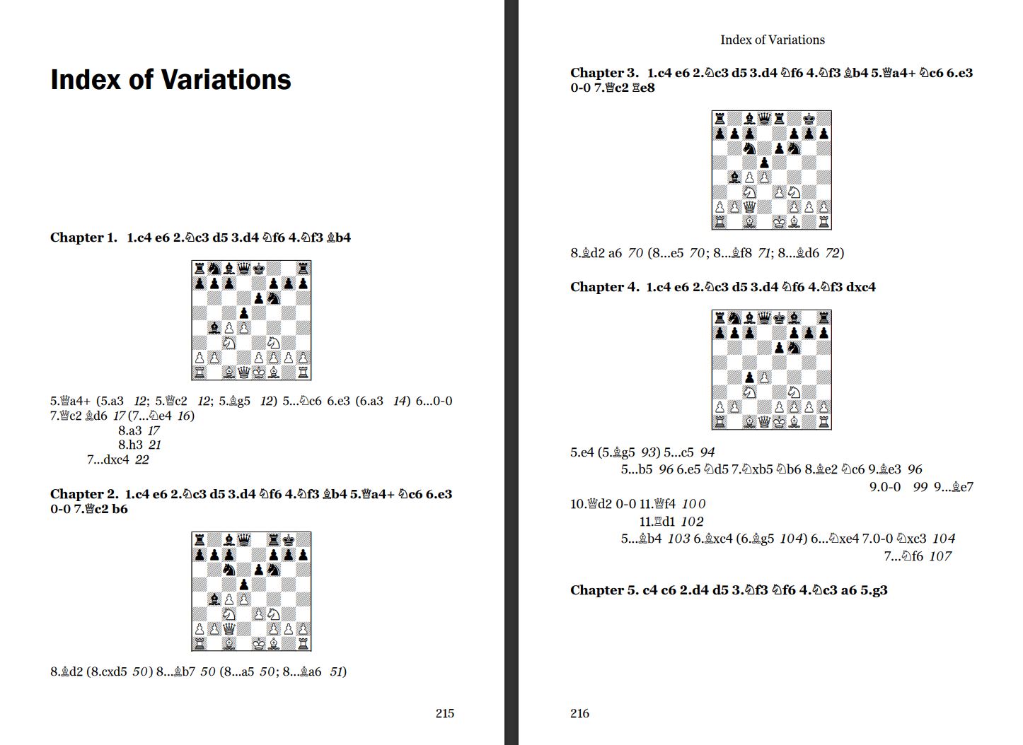 Doppelseite Schachbuch: Index der Varianten mit Diagrammen