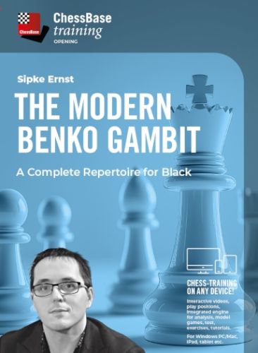 Ernst: The Modern Benko Gambit Produktcover 'The Modern Benko Gambit' (ChessBase Training) in Blau mit übergroßen Schachfiguren, Porträt von Sipke Ernst und Icons für PC/Tablet; Hinweis auf interaktive Trainingsinhalte