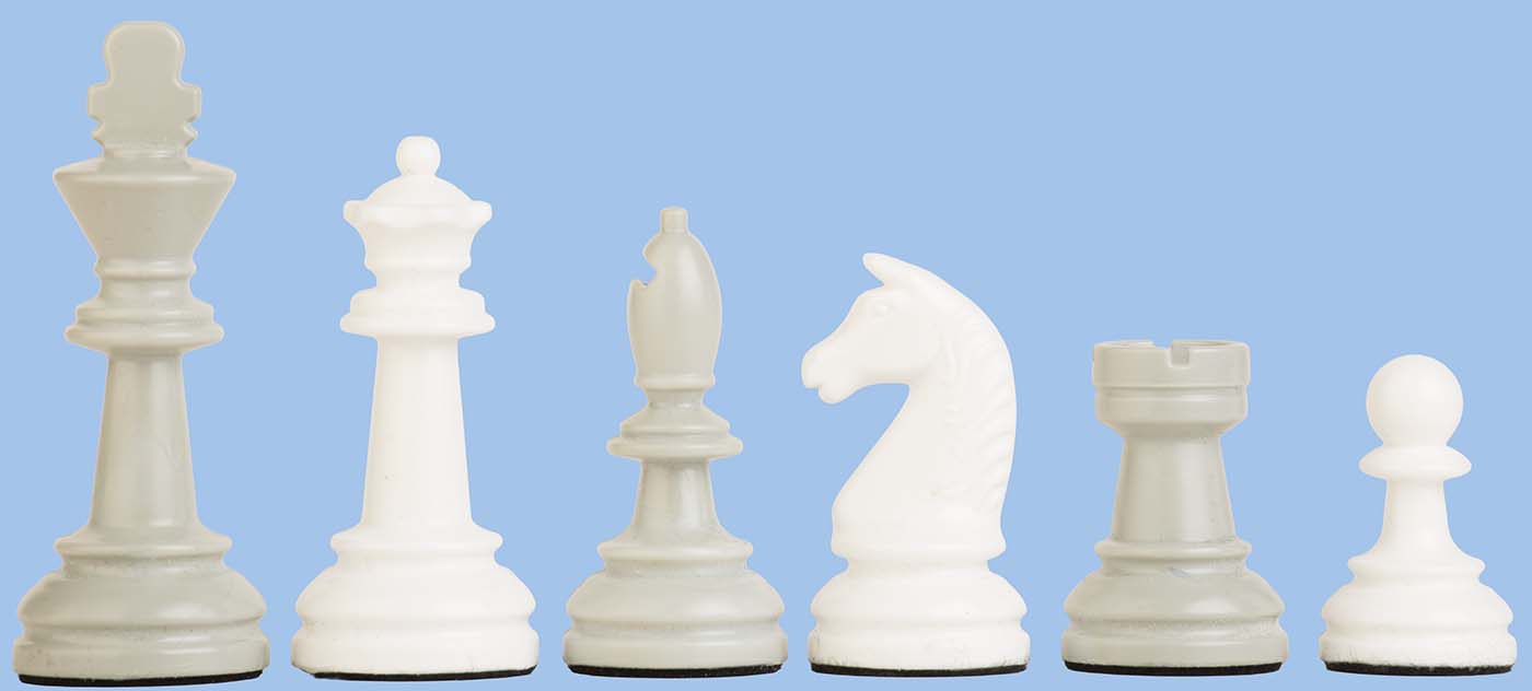 Schachset Fürth mit DGT2010 Sechs Schachfiguren in Weiß und Grau (König, Dame, Läufer, Springer, Turm, Bauer) in einer Reihe vor hellblauem Hintergrund – Produktbild eines Schachsets