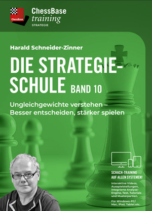 Grünes Buchcover mit großem Schachkönig und Schachfiguren, Titel ‚Die Strategieschule Band 10‘, Untertitel ‚Ungleichgewichte verstehen – Besser entscheiden, stärker spielen‘, ChessBase-Logo und kleines Autorenporträt unten links