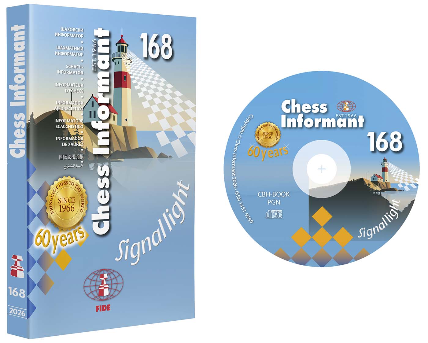 Produktbild Informator 168 Buch + CD von Chess Informant, Ausgabe Juli 2026 – Buchcover mit Leuchtturm- und Schachbrett-Motiv, 168er Nummer, 60 Years-Emblem und beiliegender CD (CBH/PGN)