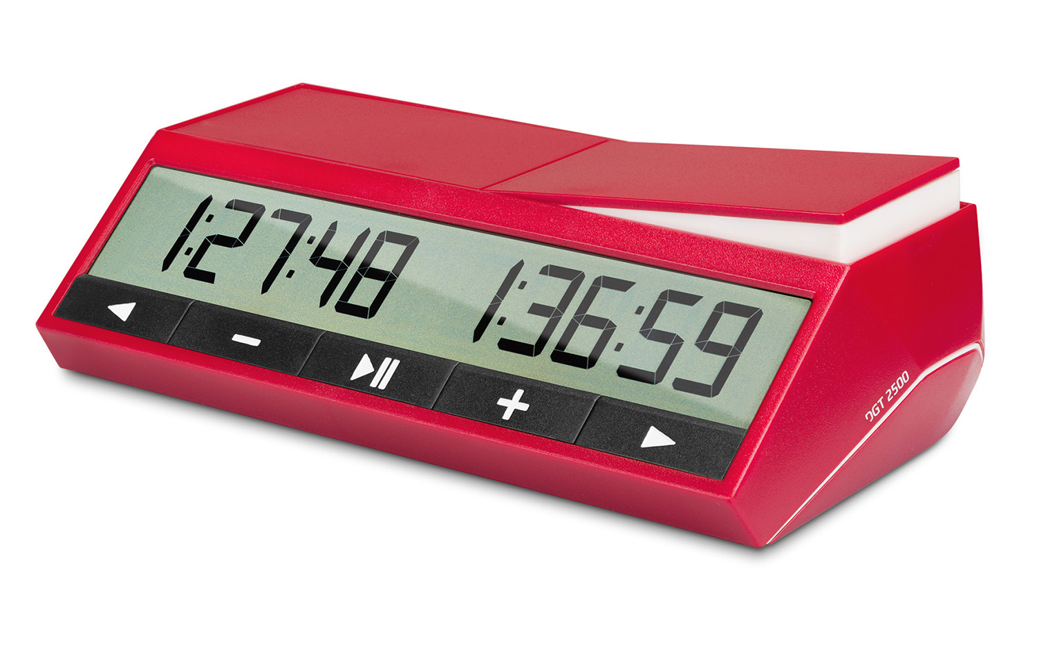 Schachuhr DGT 2500 Rote DGT 2500 digitale Schachuhr, Seitenansicht mit zwei großen LCD-Zeitanzeigen, Play/Pause-, Plus- und Steuerknöpfen auf der Vorderseite