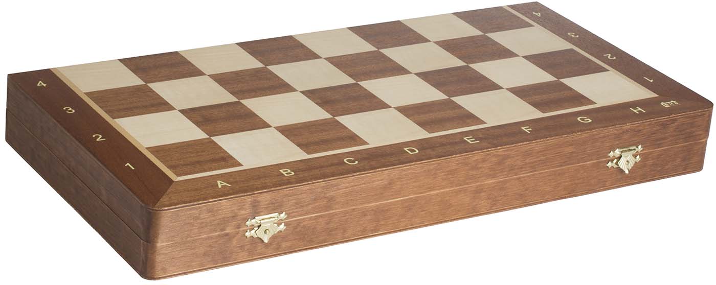 Schachkassette Bundesliga Mittel mit Einzelfeld 50mm Klappbares Holz-Schachbrett als Aufbewahrungsbox, hell/dunkle Felder, beschriftete Reihen A–H und 1–8, goldfarbene Messingverschlüsse