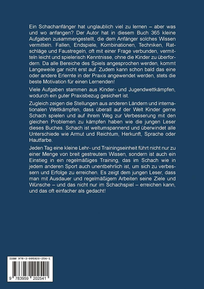Blaue Buchrückseite mit weißem Klappentext über Schachtraining für Anfänger (365 Aufgaben) und einem Barcode/ISBN unten links (978-3-995920-254-1)
