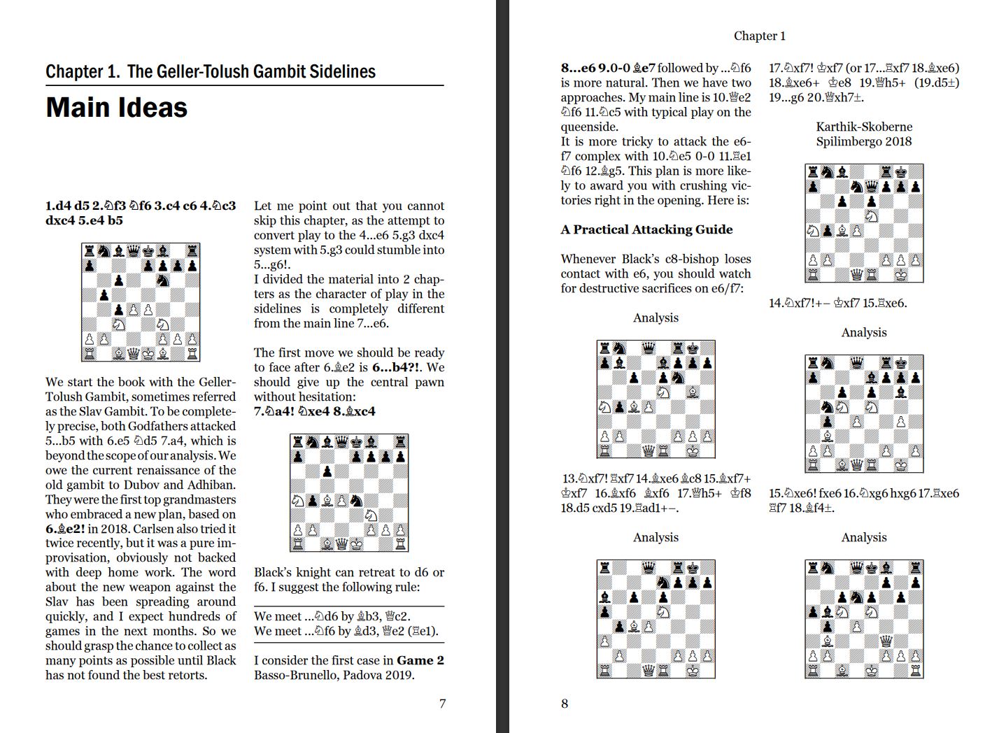 Doppelseite eines Schachbuchs mit Diagrammen und Text