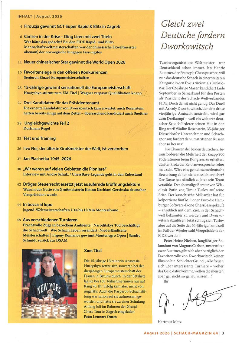Seite des Schach-Magazin 64 (August 2026): links gelber Inhaltskasten mit nummerierten Artikeln, unten kleines Foto einer jungen Frau im 'New York'-Shirt am Schachbrett; rechts ein Essay mit Überschrift 'Gleich zwei Deutsche fordern Dworkowitsch' und Flie