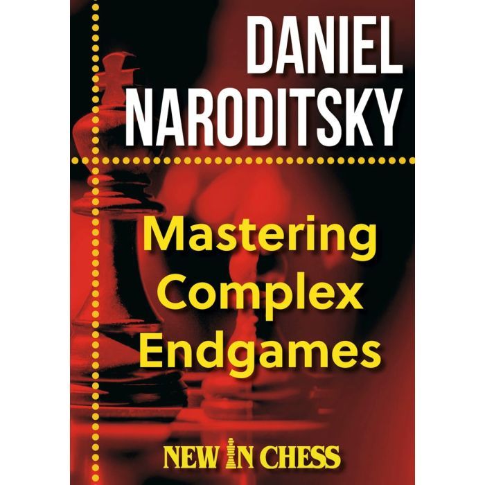 Cover eines Schachbuchs mit dem Titel 'Mastering Complex Endgames', rotem Hintergrund, stilisierten Schachfiguren im Vordergrund, gelber Schrift und Verlagslogo 'New In Chess'