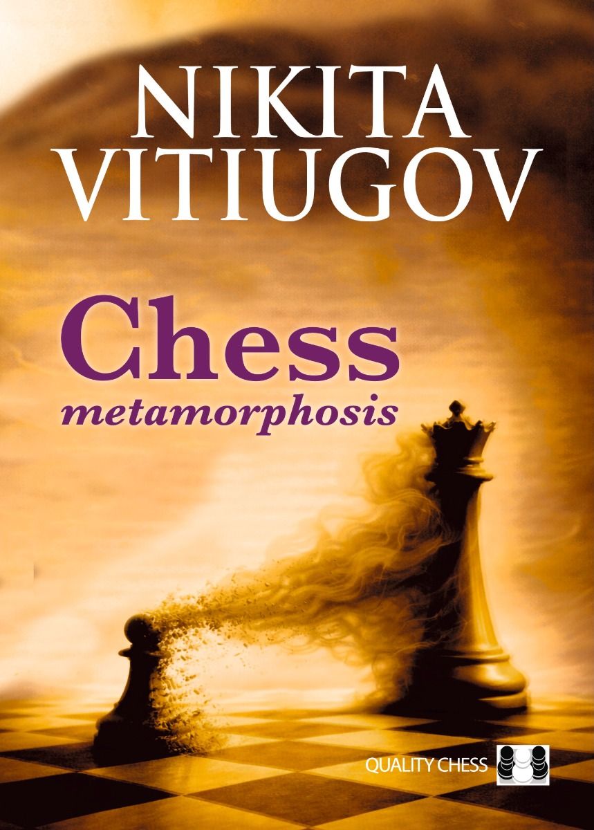 Cover eines Schachbuchs mit dem Titel „Chess metamorphosis“, verschwimmender Bauer, der in einen König übergeht, Schachbrett im Vordergrund, warme goldbraune Farbgebung und elegantes Design