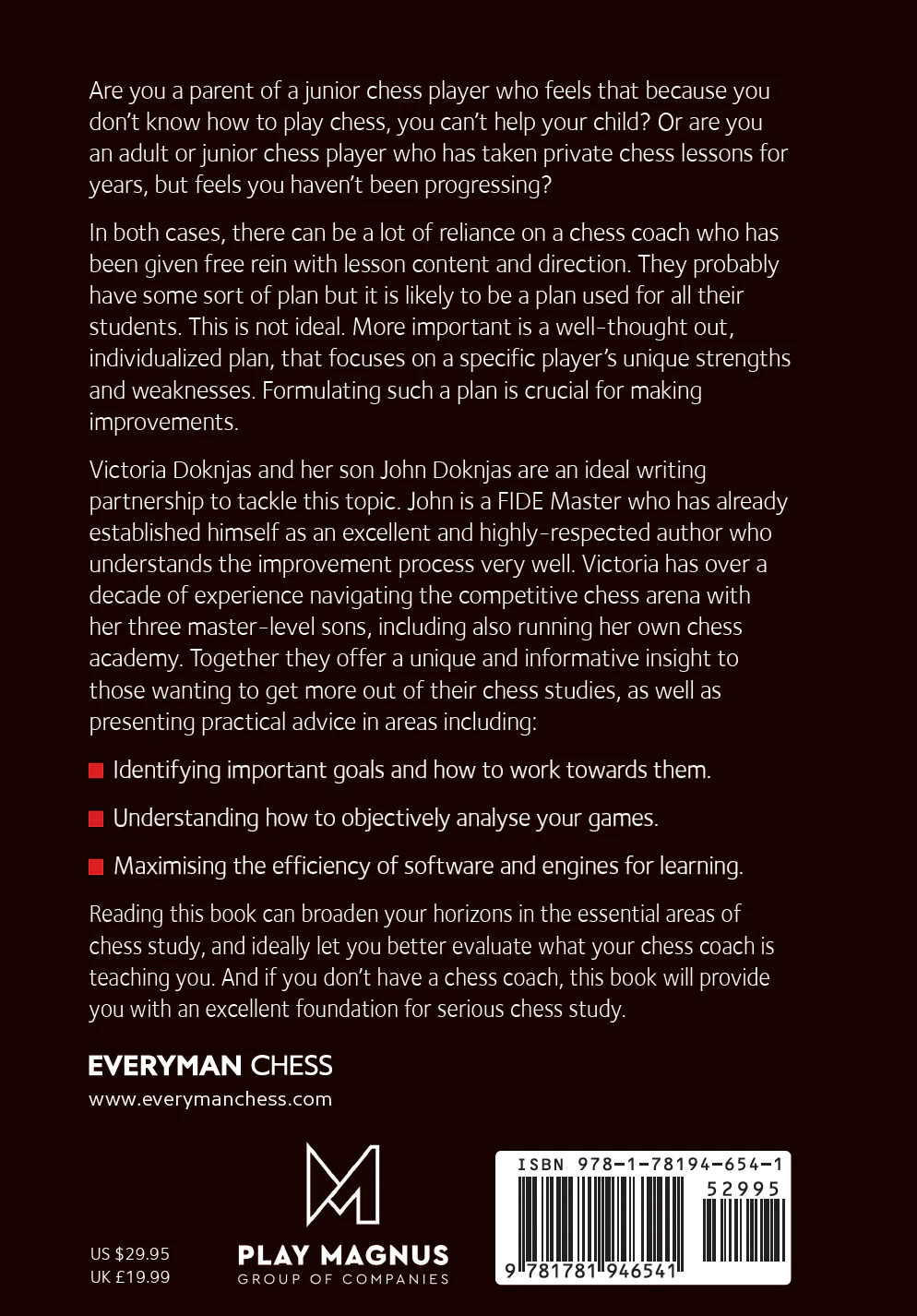 Doknjas, Doknjas: What Chess Coaches don´t tell You Rückseite Schachbuch: Kurztext, Verlagslogo, Barcode