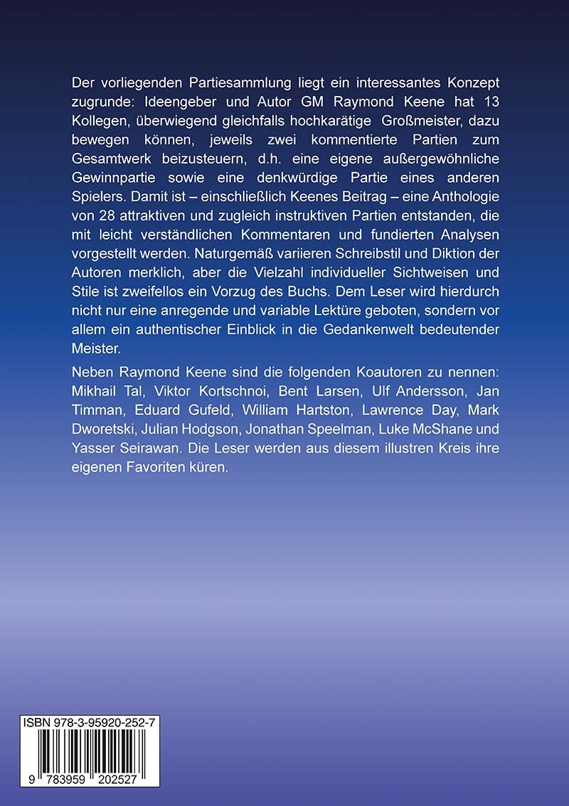 Buchrückseite mit blauem Farbverlauf, ausführlichem Rückentext über eine Partiensammlung (Schach), einer Liste von Co-Autoren ohne Detailabbildungen sowie einem ISBN-Barcode unten links