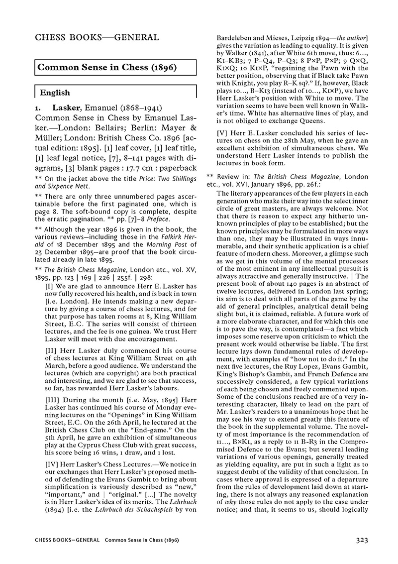 Forster_Lasker_323Bd5NNxZInWgZQ Schwarzweiß-Scan einer Buchseite mit Schachtext
