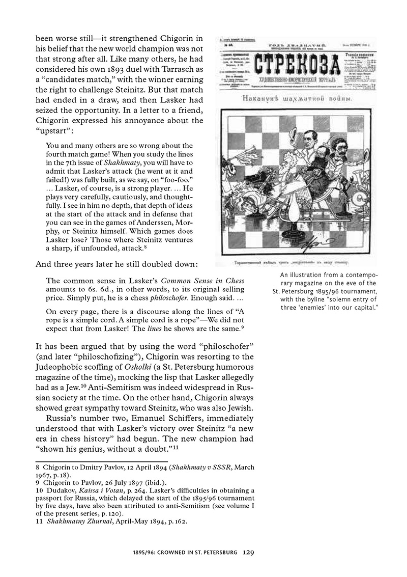 Forster_Lasker_1297Q2El7a51uoHr Seite aus Schachbuch mit Karikatur und Text