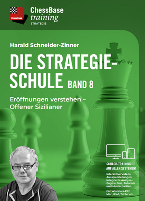 Grünes Buchcover des Schachlehrbuchs 'Die Strategie‑Schule Band 8' mit großem Schach-König und Bauern im Vordergrund, Titelzeile 'Eröffnungen verstehen – Offener Sizilianer', ChessBase-Training-Logo und Autorenfoto in der unteren Ecke
