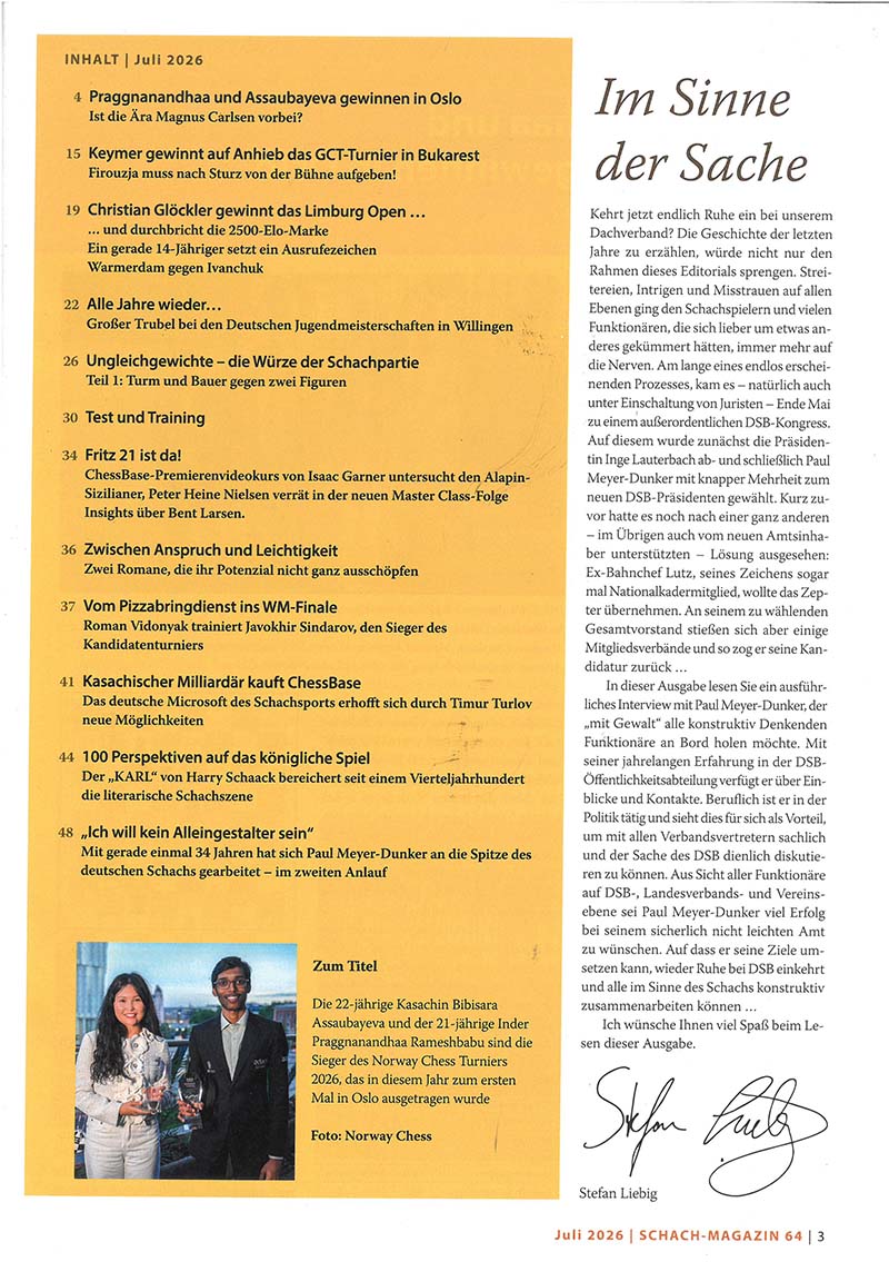 Inhaltsverzeichnis-Seite des Schach Magazin 64 – Juli 2026 (ca. 52 Seiten, Broschüre) mit Beitragsübersicht, Editorial und kleinem Foto der Sieger von Oslo; Verlag Carl Ed. Schünemann KG
