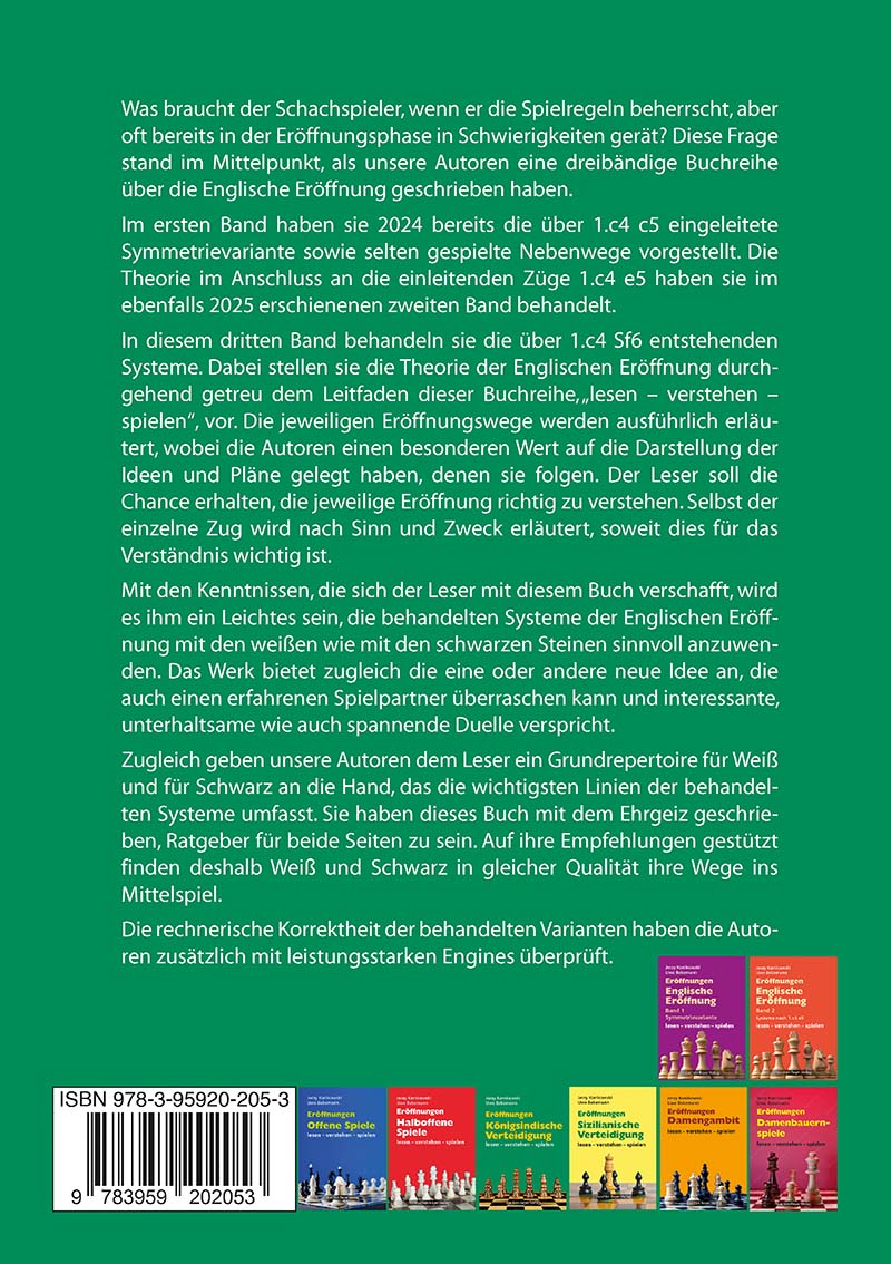 Konikowski & Bekemann: Eröffnungen - Englische Eröffnung Band 3 Systeme mit 1.c4 Sf6 Grüne Rückseite eines Schachbuchs mit ISBN und Mini-Covern